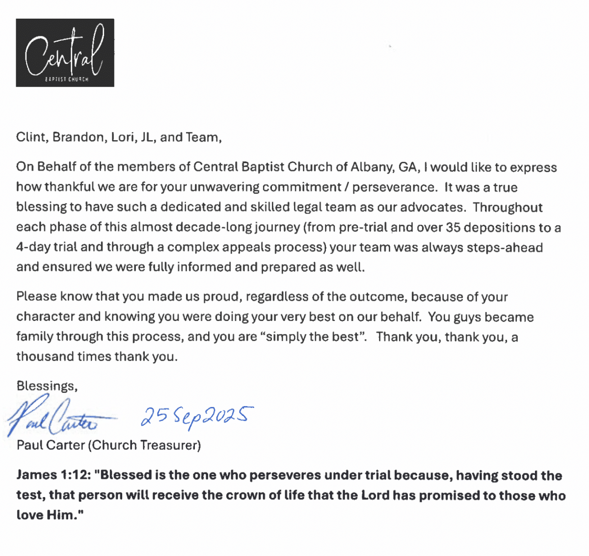 Letter on Central Baptist Church letterhead from church treasurer Paul Carter, thanking the MSB team after a decade-long case through trial and appeal