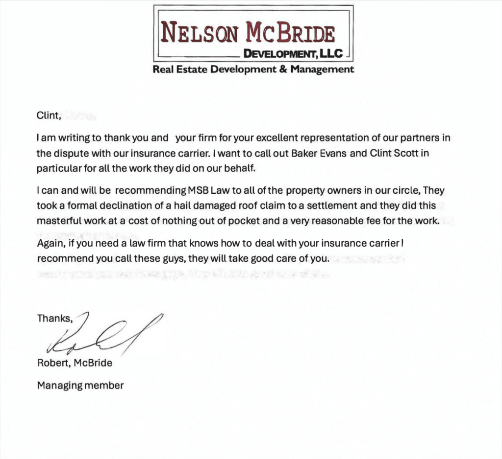 Letter on Nelson McBride Development letterhead from managing member Robert McBride, thanking Clint Scott and Baker Evans for settling a declined hail damage roof claim